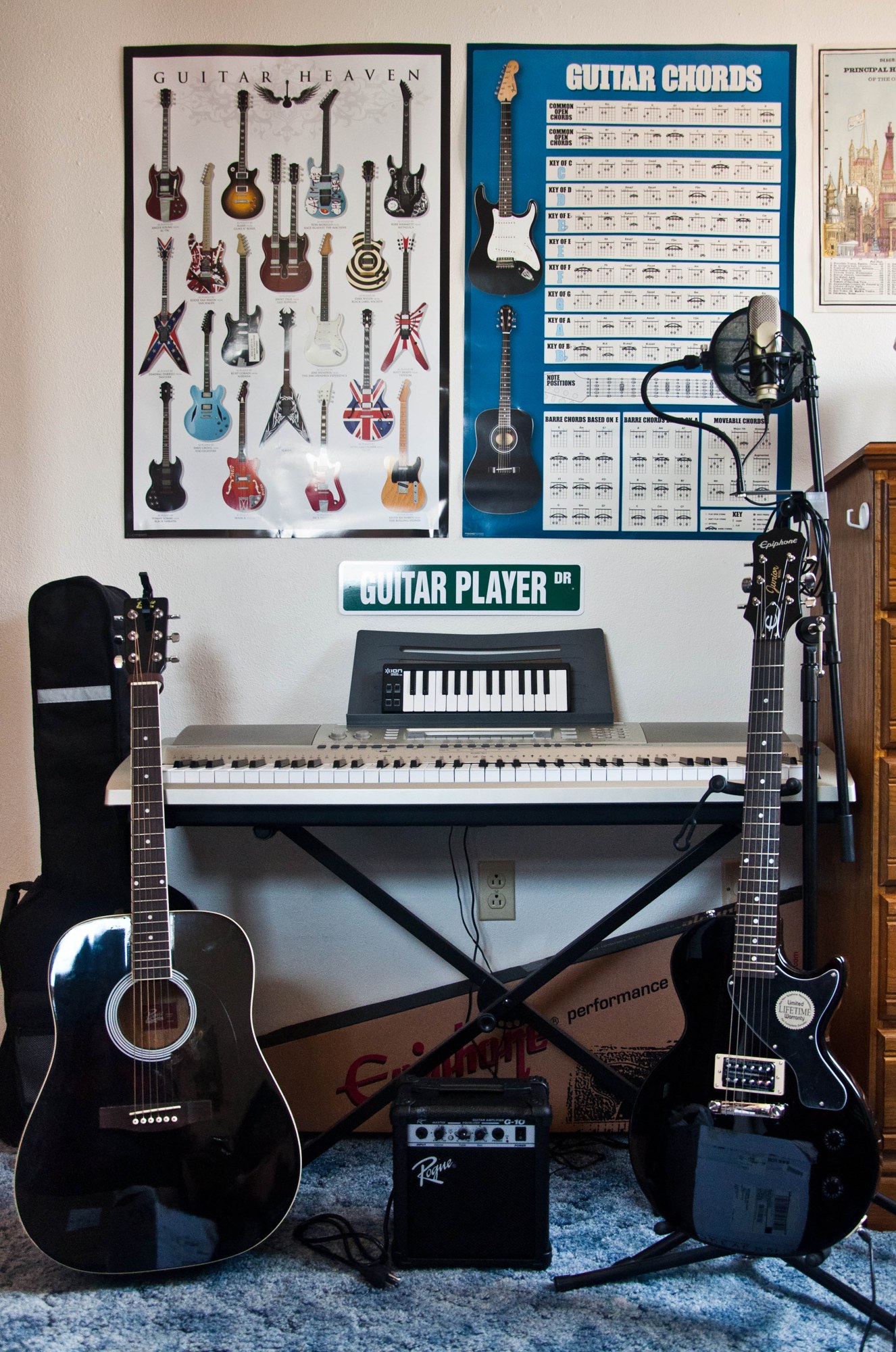 Guitars and keyboards in a home recording studio