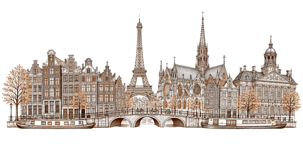Line drawing of European architecture